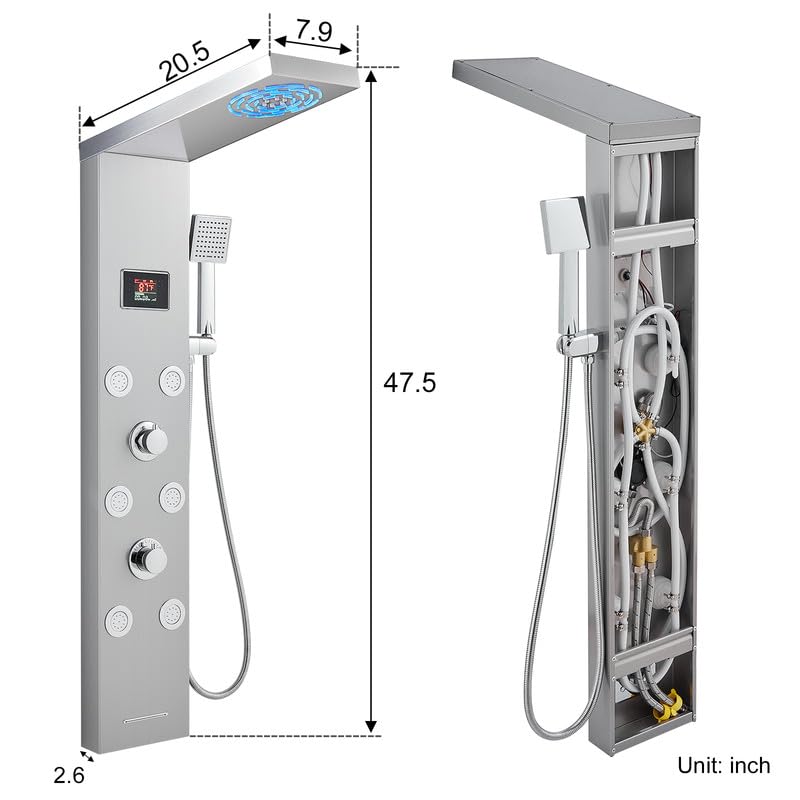 Stainless Steel Shower Panel Tower System with LED lights(No battery need), Hydroelectric LED Rainfall Shower Tower System with 6 Pcs Body Jets, Brushed Nickel - color: Brushed Nickel - 6 Body Jets