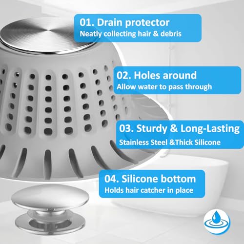 Hair Catcher Shower Drain,Bathtub Drain Hair Catcher, Covering Bathroom Sink Drain Strainer, Bathtub Protector for Pop-Up & Flat Bath Tub Drain Stoppers,Hair Trap for Shower Drain Effectively (Grey)
