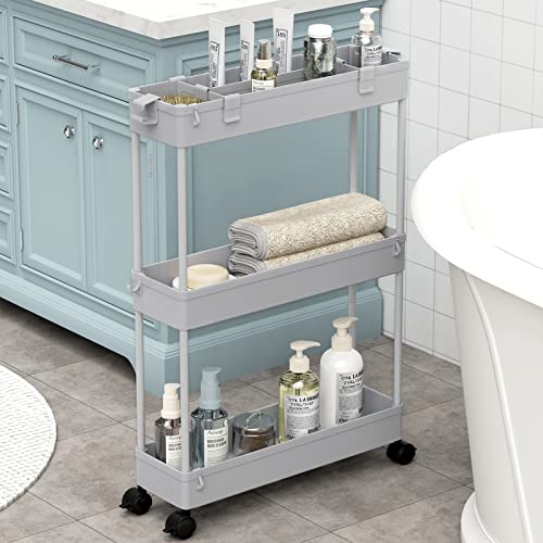 Slim Storage Cart 3 Tier,Bathroom Organizer Rolling Utility,Mobile Shelving Unit Slide Out for Office, Kitchen, Laundry Room & Narrow Places,Gray - color: Grey