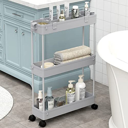 Slim Storage Cart 3 Tier,Bathroom Organizer Rolling Utility,Mobile Shelving Unit Slide Out for Office, Kitchen, Laundry Room & Narrow Places,Gray - color: Grey