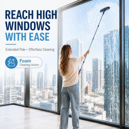 Window Squeegee with 75" Extension Pole, ITTAR Rubber Water Wiper for Glass | Durable Stainless Steel Rod, Rotatable Head for Window Edge, Chenille & Microfiber Pad, Squeegee for Variety Cleaning Needs - color: Blue&white-4