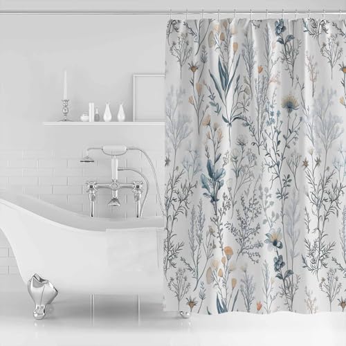 Botanical Floral Bathroom Shower Curtains with 12 Hooks Polyester Waterproof Shower Curtain for Stalls and Bathtubs Flowers Leaves Plants Light Blue Decorative Bathroom Privacy Curtain 60x72 Inches - size: 60"x72"