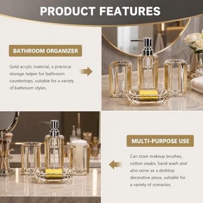 LGURT 4pc Crystal Clear Acrylic Bathroom Set, Brushed Gold Soap Dispenser | Soap dish, rinse cup & holder, with brushed gold accent. For apartment, guest bath, or vanity countertop. - color: Gold