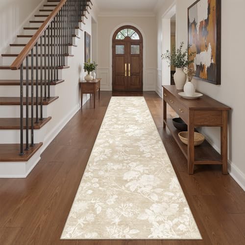 Soalmost Washable Runner Rug 2x10, Neutral Floral Hallway Runner Rug Beige | Oriental Soft Low Pile Non-Slip Thin Carpet Runner for Kitchen Bathroom Laundry Room Bedroom Entryway 2'x10' - color: Floral Beige, size: 2' x 10' (Runner)