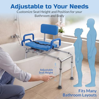 Carousel Sliding Shower Chair Tub Transfer Bench with Swivel Seat, Bariatric, Premium Padded with Pivoting Arms, High Capacity, Heavy Duty for Tubs, Inside Shower, for Handicap & Seniors, Blue | Slide Safely In & Out of the Tub - Blue, padded seat, padded