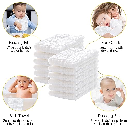 Lovely Care 24 Pack Muslin Burp Cloths 100% Cotton Muslin Cloths Large 20''x10'' Extra Soft and Absorbent Baby Burping Cloth - White - color: White, size: 10x20 Inch (Pack of 24)