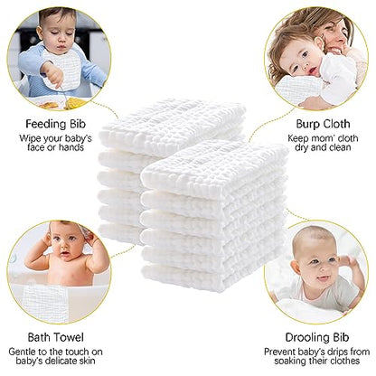 Lovely Care 24 Pack Muslin Burp Cloths 100% Cotton Muslin Cloths Large 20''x10'' Extra Soft and Absorbent Baby Burping Cloth - White - color: White, size: 10x20 Inch (Pack of 24)