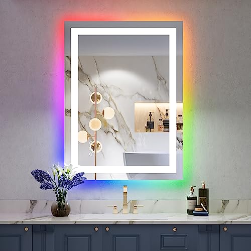 24x36 Inch RGB LED Bathroom Mirror Front Light and RGB Backlit Lighted Vanity Mirror for Bathroom Wall Mounted Dimmable Anti Fog Memory Shatter-Proof IP54 Waterproof Horizontal/Vertical - color: Rgb Backlit+front Lit, size: 24"L x 36"W