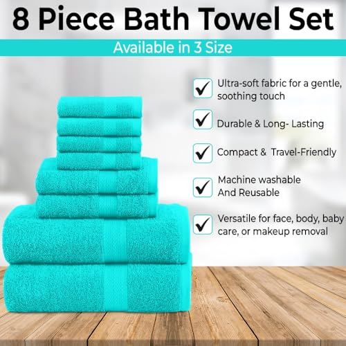 QUBA LINEN Pack of 8 Towels Set, 2 Large Bath Towels, 2 Hand Towels, 4 Wash Cloths, 100% Cotton, Lighter Weight, Quicker to Dry, Super Absorbent, Perfect for Bathroom (Aqua) - color: Aqua