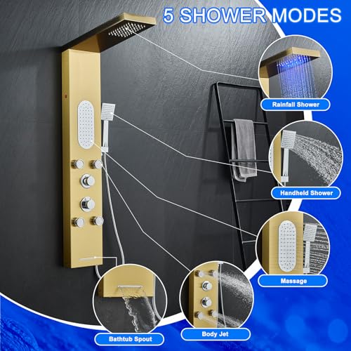 5-Jet LED Shower Panel Tower System Stainless Steel Brushed Gold | Rainfall head | 5 body jets | Handheld shower | LED lights | Brushed gold finish | Wall mount - color: Gold