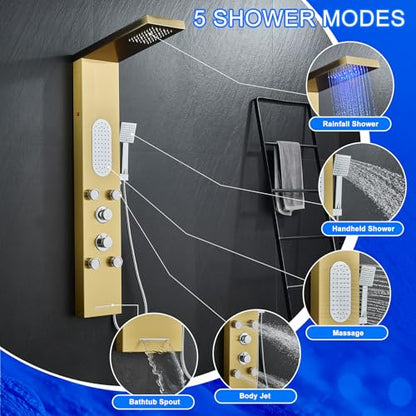 5-Jet LED Shower Panel Tower System Stainless Steel Brushed Gold | Rainfall head | 5 body jets | Handheld shower | LED lights | Brushed gold finish | Wall mount - color: Gold