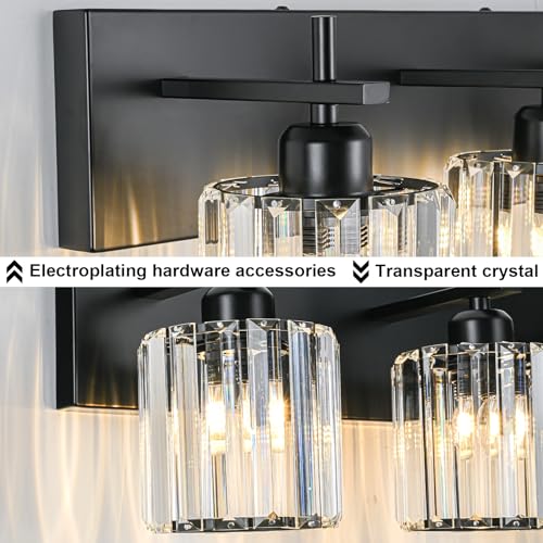 Black Crystal Bathroom Vanity Lights, Modern 2-Lights Bathroom Lighting Fixtures Over Mirror, Crystal Wall Lighting with Round Shade - color: Black-Round Shade, size: 2-Light