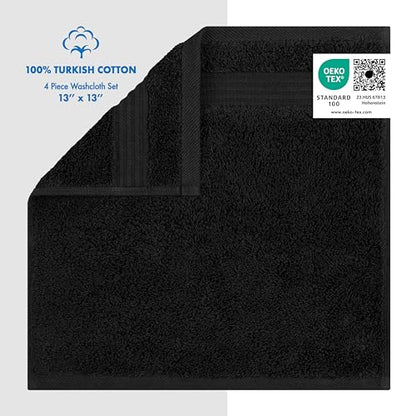Cotton Paradise 100% Cotton Turkish Towel Set, Soft Absorbent Quick Dry, 4 Piece Washcloth Set, Coal Black - color: Coal Black, size: 13"x13"