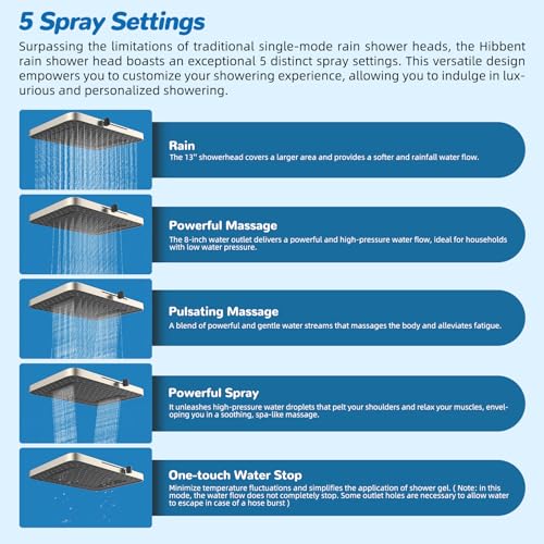 Hibbent cUPC Certified High Pressue 13'' Rainfall Shower Head with 5-Spray | Shower Heads with Handheld 10-Spray Combo, All Metal Easy Reach 4-way Diverter Arm, 71'' Hose & Holder, Brushed Nickel - color: Brushed Nickel, style: Square 13"