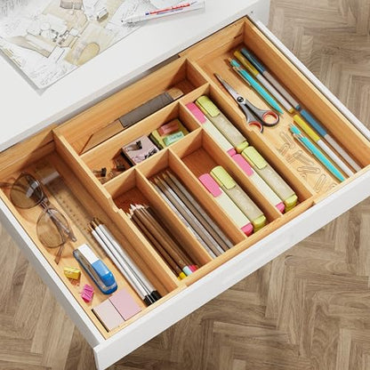 BAMEOS 3" Deepth Expandable Drawer Organizer, Deep Flatware Organizer, Adjustable Silverware Organizer, Bamboo Drawer Organizer for Kitchen, Bathroom (Natural) - size: 3''H 22X16