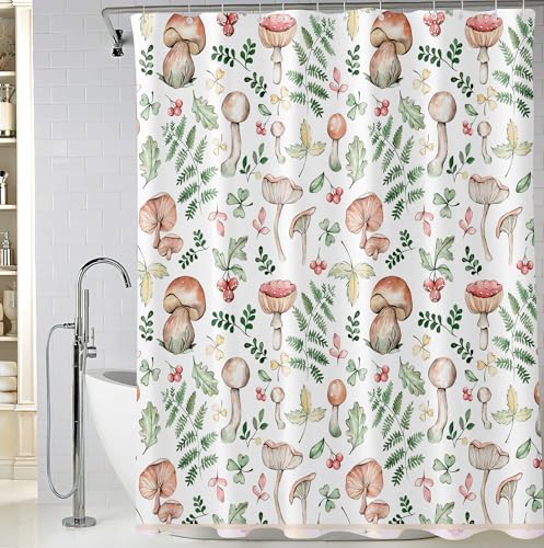 Mushroom and Fern Leaves Shower Curtain, Waterproof Fabric Cute Plant Botanical Bathroom Shower Curtain, 72 x 72 Inch - color: White Mushroom, size: 72"W x 72"L (Pack of 1)