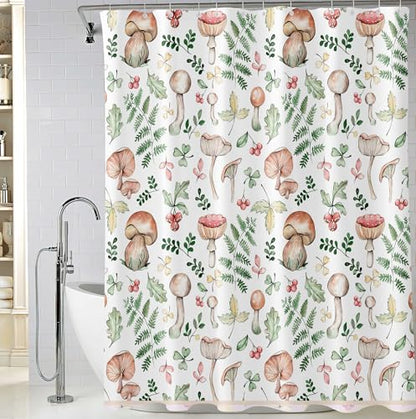 Mushroom and Fern Leaves Shower Curtain, Waterproof Fabric Cute Plant Botanical Bathroom Shower Curtain, 72 x 72 Inch - color: White Mushroom, size: 72"W x 72"L (Pack of 1)