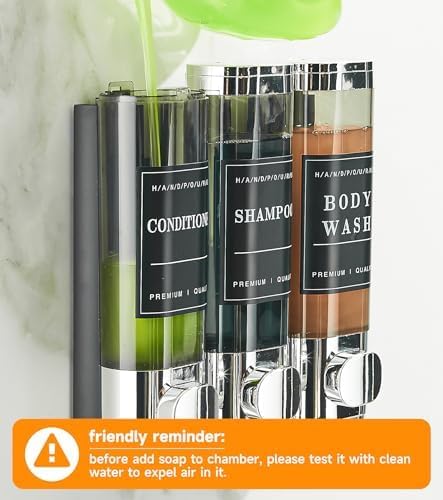 Shower Soap Dispenser Wall Mounted No Drill Shampoo Dispenser for Shower Wall Shampoo and Conditioner Dispenser Bathroom Hotel 3 * 300ml Chrome with Labels - color: Chrome