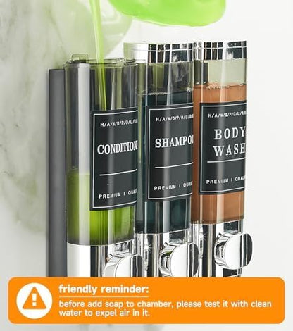 Shower Soap Dispenser Wall Mounted No Drill Shampoo Dispenser for Shower Wall Shampoo and Conditioner Dispenser Bathroom Hotel 3 * 300ml Chrome with Labels - color: Chrome