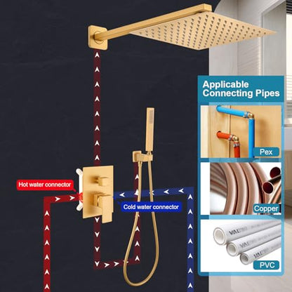 Shower Faucet Set 10 Inch Square Rain Head Brushed Gold w Handheld Sprayer & Valve - color: Gold-Square, style: 10"