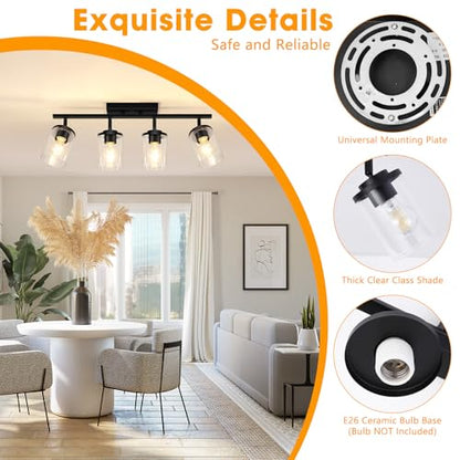 FadimiKoo 4-Lights Track Lighting Fixtures Ceiling with Clear Glass Shades, Modern Black Semi Flush Mount Ceiling Light, Rotatable Wall Mount Ceiling Lamp for Kitchen Hallway Bedroom - color: Black, size: 4-Lights