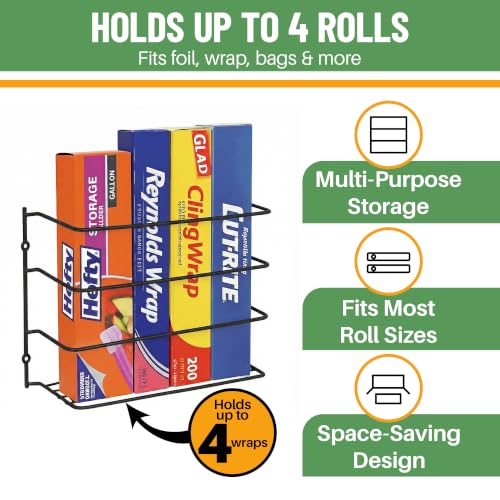 Evelots Kitchen Wrap Organizer - Hold up to 4 Plastic, Foil, Paper, Wax - Cabinet Door, Wall Rack Basket - Sandwich, Freezer, Food Bag Storage - Laundry Supplies - Black | Keep kitchen wraps and food bags organized with 1 basket that mounts on a wall or c