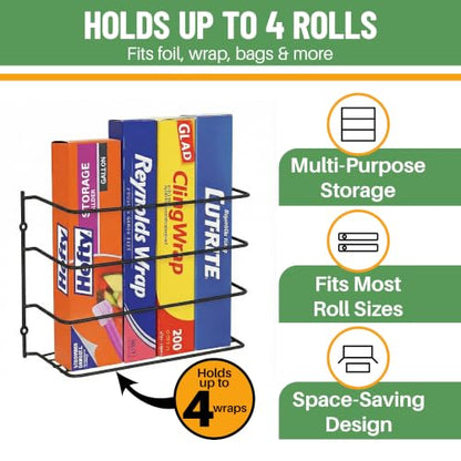 Evelots Kitchen Wrap Organizer - Hold up to 4 Plastic, Foil, Paper, Wax - Cabinet Door, Wall Rack Basket - Sandwich, Freezer, Food Bag Storage - Laundry Supplies - Black | Keep kitchen wraps and food bags organized with 1 basket that mounts on a wall or c