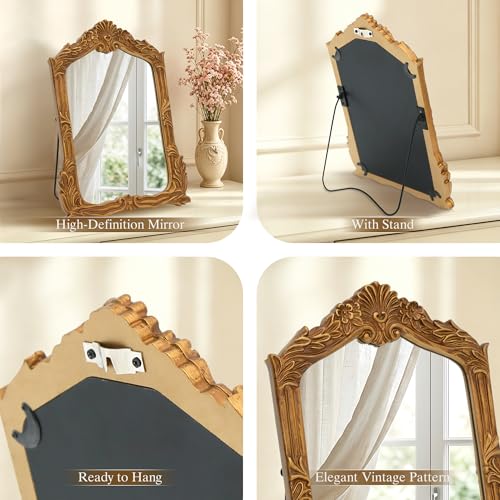 Besdomus Antique Makeup Desk Mirror: 11"x14.5" Small Gold Bow Table Vanity | Antique Standing Carved Mirror - Baroque Traditional Ornate for Bedroom/Vanity Table/Living Room - Ideal for Ages 18-45 - size: 11"L x 14.5"W