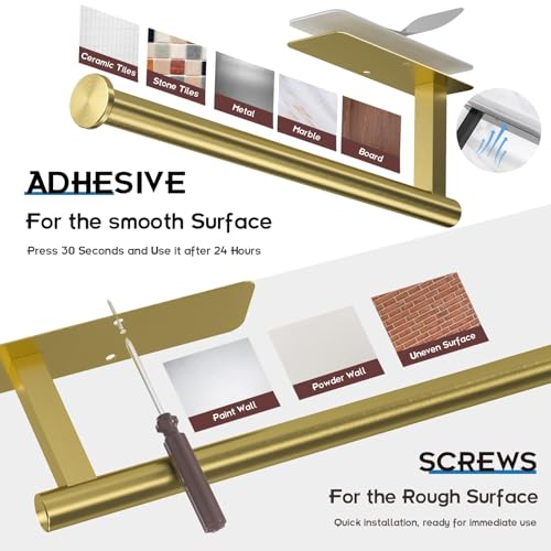 Paper Towel Holder Under Cabinet No Drilling, Self Adhesive Paper Towel Holder Wall Mount for Kitchen Rack, Under Counter Napin Holder No Drill, RV, 304 Stainless Steel, Gold Brass - color: Gold