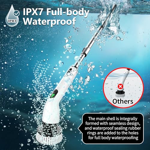 Electric Spin Scrubber, Full-Body IPX7 Waterproof Bathroom Scrubber,4 Replacement Head for Adjustable Extension Handle Electric Cleaning Brush for Bathroom, Tub, Tile