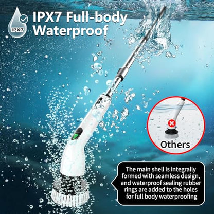 Electric Spin Scrubber, Full-Body IPX7 Waterproof Bathroom Scrubber,4 Replacement Head for Adjustable Extension Handle Electric Cleaning Brush for Bathroom, Tub, Tile