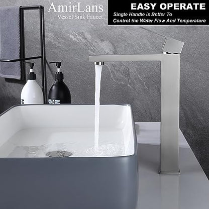 Brushed Nickel Vessel Sink Faucet, Tall Bathroom Faucet 1 Hole | Stainless Steel Single Hole Bathroom Sink Faucet, Tall Vanity Faucet with Pop Up Drain - color: Brushed Nickel, size: Tall
