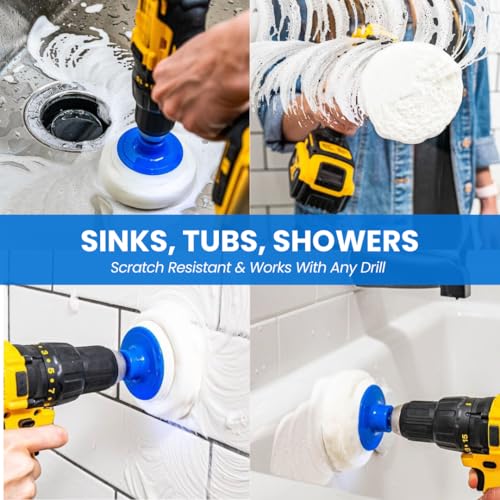 RotoScrub 7 Pack Drill Brush Set for Deep Cleaning, Scratch Resistant, Bathroom, Oven, Countertops, Sinks, Soap Scum, Tile, Boats, Patio Furniture & More | 6 reusable non-scratch white nylon pads for showers, tubs, tile, grout, sinks and counters; fits dr