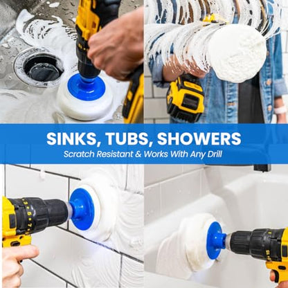 RotoScrub 7 Pack Drill Brush Set for Deep Cleaning, Scratch Resistant, Bathroom, Oven, Countertops, Sinks, Soap Scum, Tile, Boats, Patio Furniture & More | 6 reusable non-scratch white nylon pads for showers, tubs, tile, grout, sinks and counters; fits dr