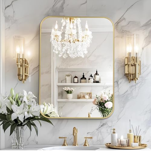 MZON 22x30 Inch Brushed Gold Vanity Mirror, Rectangle Bathroom Mirrors for Over Sink, Anti-Rust Frame & Tempered Glass, Hangs Horizontally/Vertically - Perfect for Farmhouse, Bedroom or Entryway Decor - color: Gold, size: 30"L x 22"W
