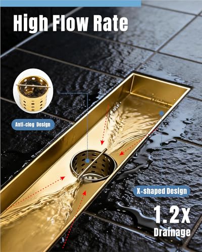 24 Inch Brushed Gold Linear Shower Drain | CUPC Certified 2-in-1 Tile Insert for Curbless Showers. 304 Steel, 15.8GPM Flow. Includes Hair Catcher & Adjustable Feet. - color: Gold, size: 24in