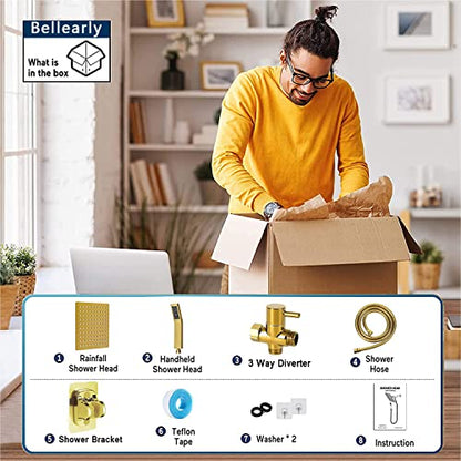 Gold High Pressure Square Rain Shower Head And All Metal Handheld Shower, Equipped With 78"Hose, 3 Way Diverter Valve,Adhesive Shower Head Holder, Luxury Shower Combo - color: Gold, size: 6