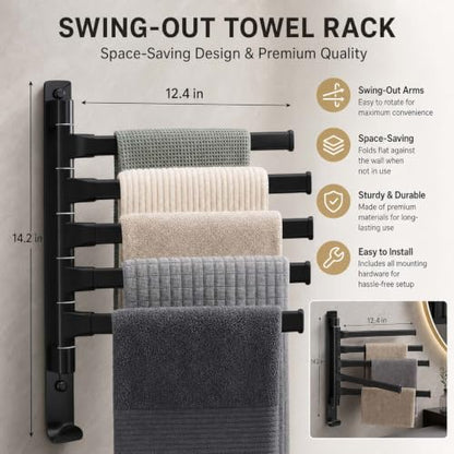 2-5 Arms Swivel Towel Rack Bath Towel Holder with Hook Swing Arm Towel Rack Wall Mount for Bathroom Kitchen (Black, 5-arm) - color: Black, size: 5-arm