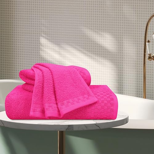MyOwn Ultra Soft 3 Pack Cotton Towel Set, Contains a Bath Towels 28x55 inch, a Hand Towels 16x24 inch & a Wash Coths 12x12 inch, Ideal Everyday use, Compact & Lightweight - Hot Pink - color: Hot Pink, size: 3 Pack Set