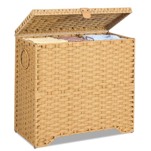 130L Wicker Laundry Hamper with Lid, 3-Section Laundry Basket | 3 Removable Liner Bags; 4 Included Mesh Laundry Bags; Handwoven PP Wicker; Reinforced Steel Frame - color: Natural