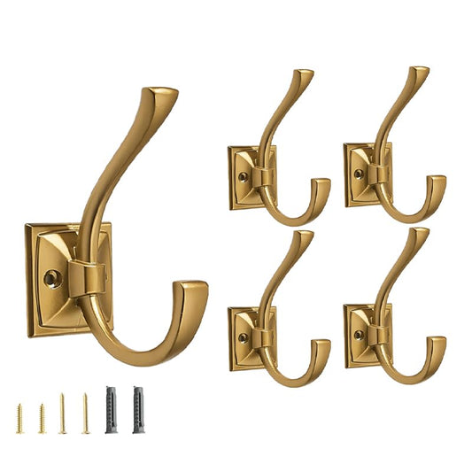 5 Pack Decorative Heavy Duty Towel Hooks for Hanging Robe Double Modern Gold Coat Hooks Wall Mounted with Screws for Key, Towel, Bags, Cup, Hat - color: Antique Gold