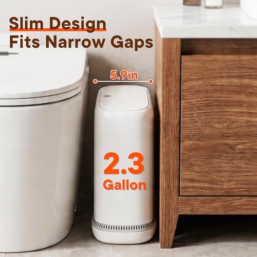 Air-Pressure Liner Fit Trash Can with Lid, Press-Top Slim Garbage Bin, Hidden Bag Design, Pet-Resistant Small Narrow Wastebasket for Kitchen, Bedroom, Bathroom, Office & Dorm - size: Medium | 2.3 Gal | 75 Trash Bags