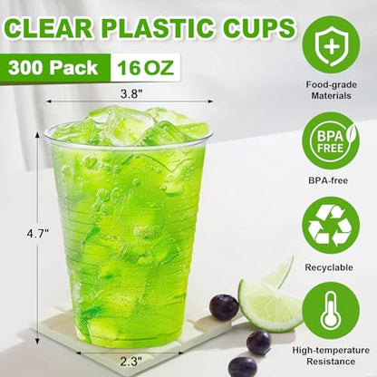 SIUQ 300 Pack 16 oz Clear Plastic Cups, Disposable Water Cups 16 Ounce | Hot/Cold Party Drinking Cups for Party, Picnic, Wedding, BBQ, Travel, Christmas, Halloween, Events - style: 16 oz-300pack