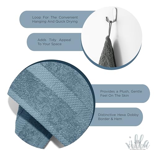 Villa Celestia 12-Piece 100% Cotton Towel Set, 4 Bath Towels, 4 Hand Towels, 4 Wash Cloth, Quick-Dry, Blue - color: Blue, size: Towel Set - Pack of 12