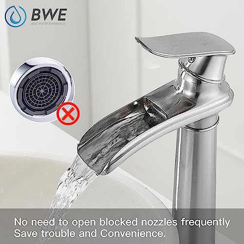 BWE Vessel Sink Faucet Brushed Nickel Tall Waterfall Bathroom Faucet | Deck Mount Single Handle One Hole Lavatory Vanity Faucet with Pop Up Drain Assembly and Supply Hose,Solid Brass - color: Brushed Nickel, size: 11.81 inch Vessel Version