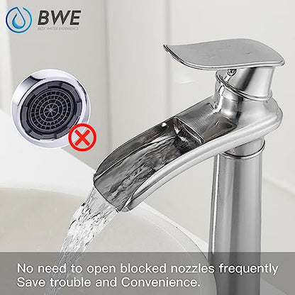 BWE Vessel Sink Faucet Brushed Nickel Tall Waterfall Bathroom Faucet | Deck Mount Single Handle One Hole Lavatory Vanity Faucet with Pop Up Drain Assembly and Supply Hose,Solid Brass - color: Brushed Nickel, size: 11.81 inch Vessel Version