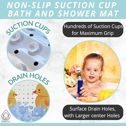 ENKOSI Non-Slip Bath & Shower Mat 40x16 Extra Long, Suction & Drain Holes | Fun rubber duck print for kids; Durable PVC; 40x16 in, Duck - color: Duck Print