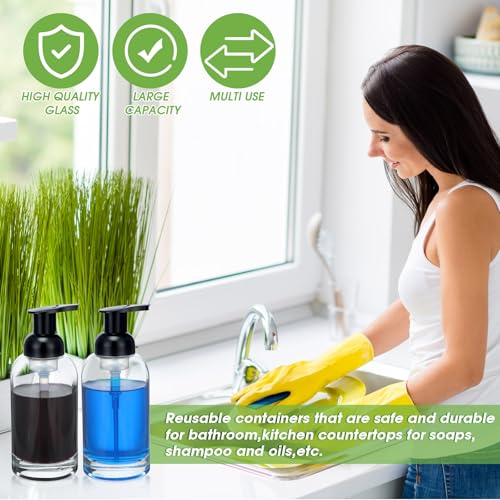 Eccliy 4 Pack Foaming Soap Dispenser, 13 oz Clear Thick Glass Pump | Refillable Foam Soap Bottles for Hand Soap and Body Wash, Ideal for Bathroom Countertop, Kitchen Sink and More, Black Pump