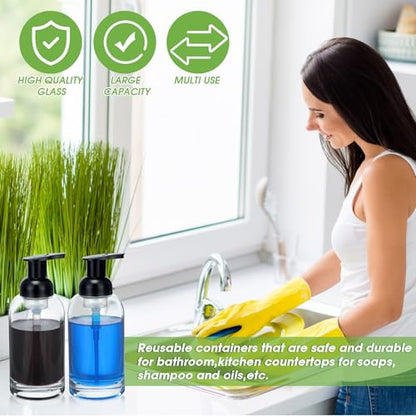 Eccliy 4 Pack Foaming Soap Dispenser, 13 oz Clear Thick Glass Pump | Refillable Foam Soap Bottles for Hand Soap and Body Wash, Ideal for Bathroom Countertop, Kitchen Sink and More, Black Pump