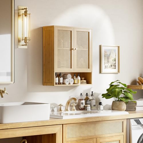 HITNET Rattan Hanging Bathroom Cabinet, Wall Mounted Bamboo Bathroom Cabinet with Double Doors and Adjustable Shelves, Storage Over the Toilet for Kitchen, Living Room, Laundry Room, Natural - color: Natural